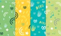 Original design of fabrics and backgrounds for textiles. A set of seamless patterns with elements of plants, grass, stars, curls, Royalty Free Stock Photo